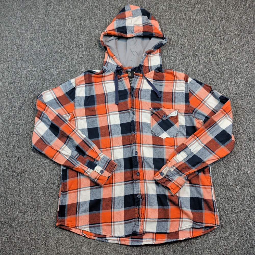 OP Surf Aesthetic Hooded Flannel Shirt XL Orange Navy Plaid Cotton Streetwear